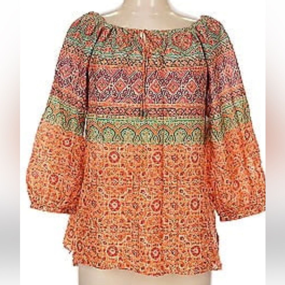 Lauren Ralph Lauren colorful cotton peasant top Blouse Aztec boho 1x 🌻